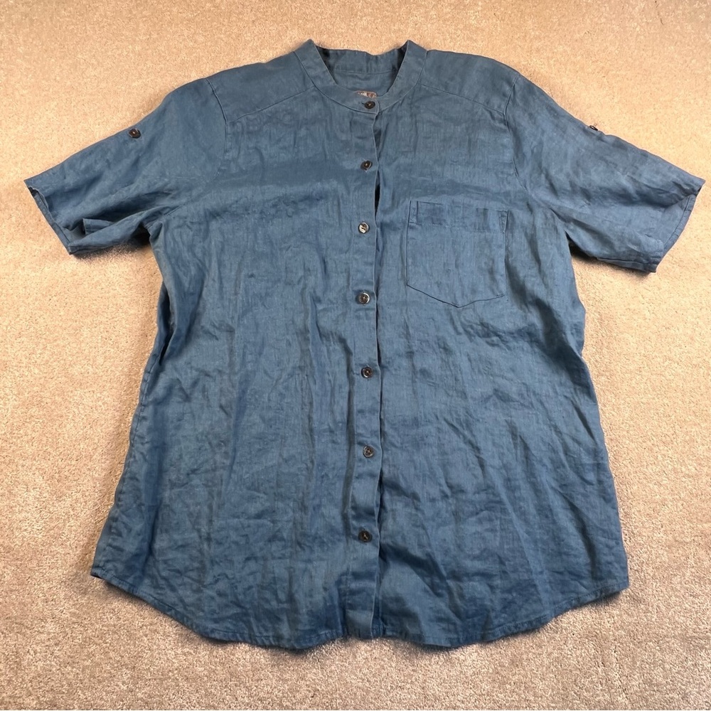 J Jill Linen Button Up Short Tab Sleeve Blue Women's medium